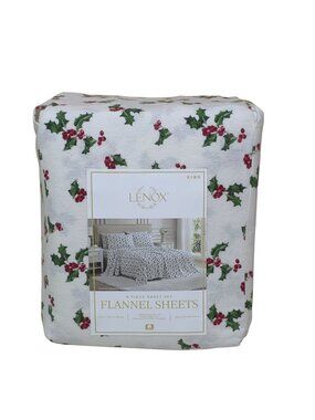 Lenox King 6-Piece Flannel Sheet Set Holly Green Pattern 100% Cotton Warm
